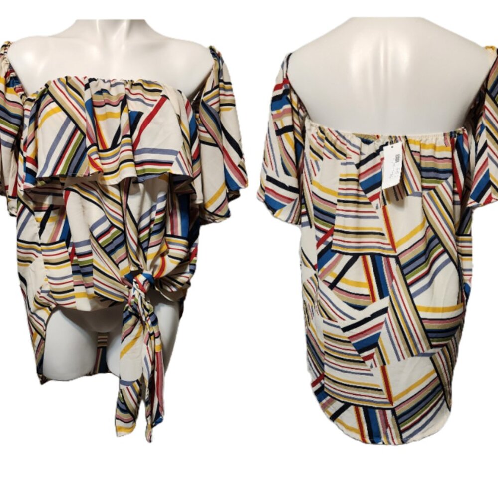 ❤️ 4/$20 New Lida Kate top Women's medium Multicolored abstract Tie-front Ruffle